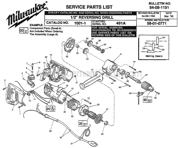 Page A Diagram and Parts List for 1001-1 SER 491A Milwaukee Electric Drill