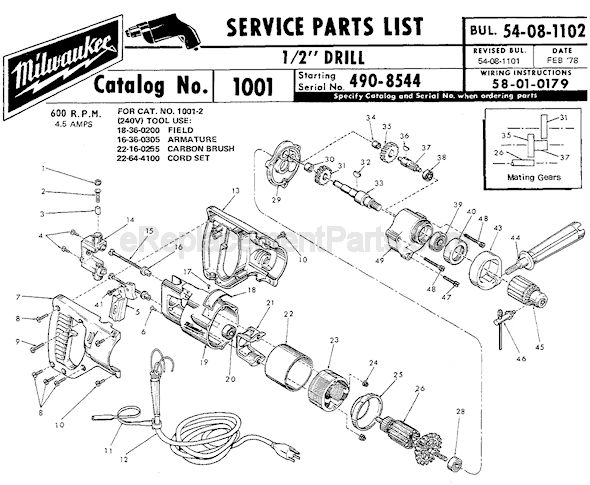 Page A Diagram and Parts List for 1001 SER 490-8544 Milwaukee Electric Drill