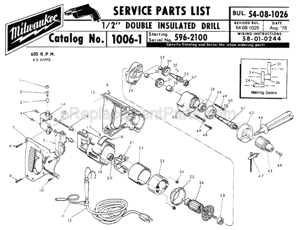 Page A Diagram and Parts List for 1006-1 SER 596-2100 Milwaukee Electric Drill