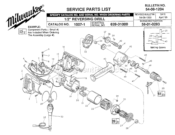 Page A Diagram and Parts List for 1007-1 SER 628-31000 Milwaukee Electric Drill
