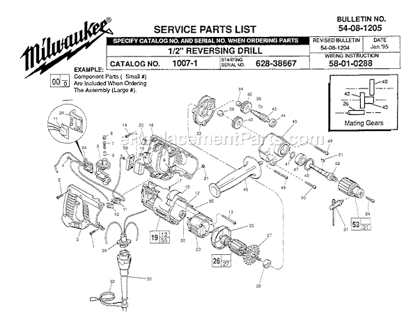 Page A Diagram and Parts List for 1007-1 SER 628-38667 Milwaukee Electric Drill