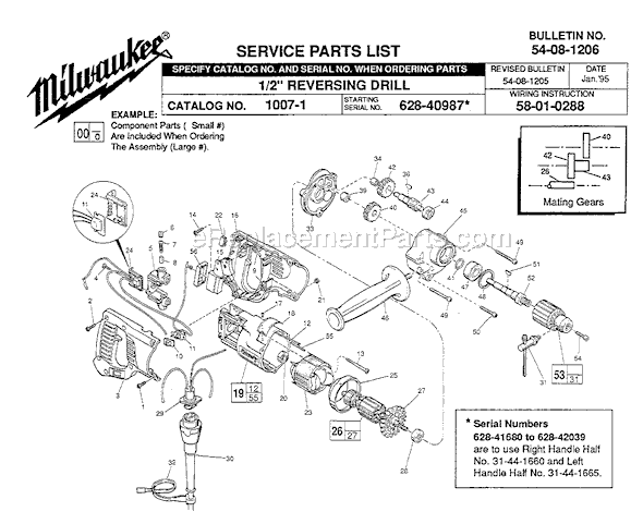 Page A Diagram and Parts List for 1007-1 SER 628-40987 Milwaukee Electric Drill