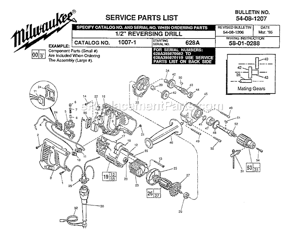 Page A Diagram and Parts List for 1007-1 SER 628A Milwaukee Electric Drill