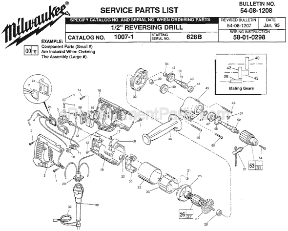Page A Diagram and Parts List for 1007-1 SER 628B Milwaukee Electric Drill