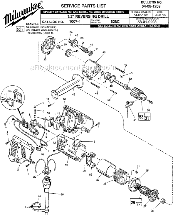 Page A Diagram and Parts List for 1007-1 SER 628C Milwaukee Electric Drill
