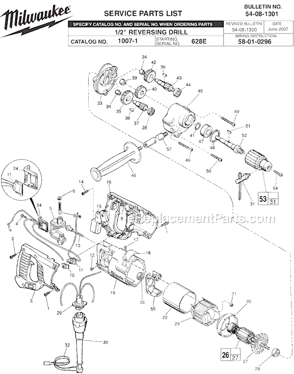Page A Diagram and Parts List for 1007-1 SER 628E Milwaukee Electric Drill
