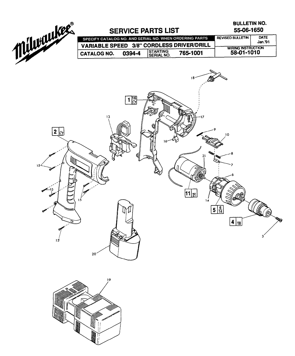 Fig-0 Diagram and Parts List for 0394-4 765-1001 Milwaukee Cordless Drill