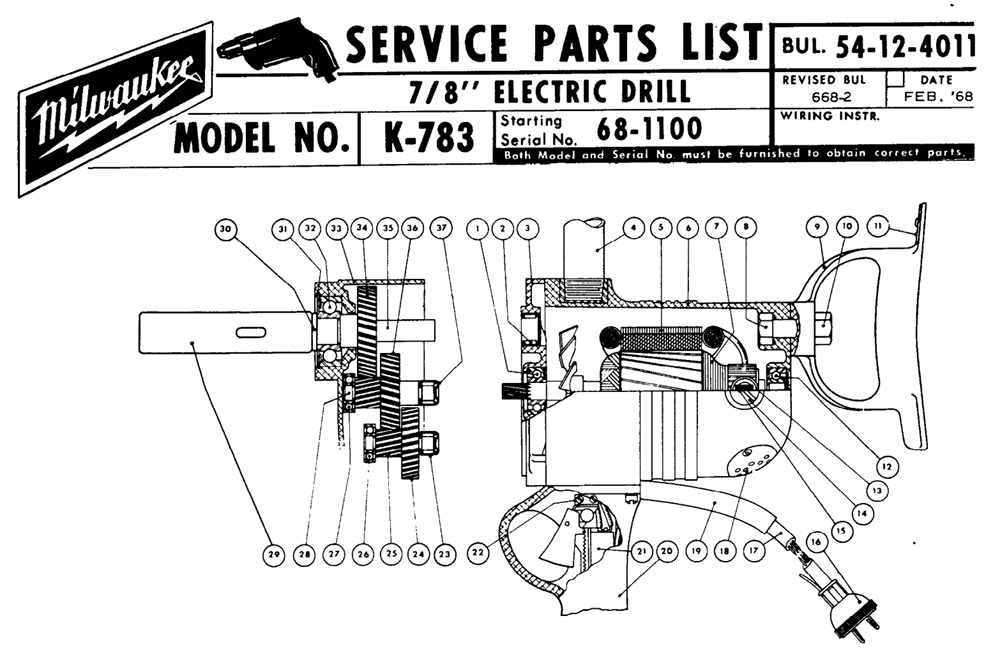 Fig-0 Diagram and Parts List for 2000 68-1100 Milwaukee Electric Drill