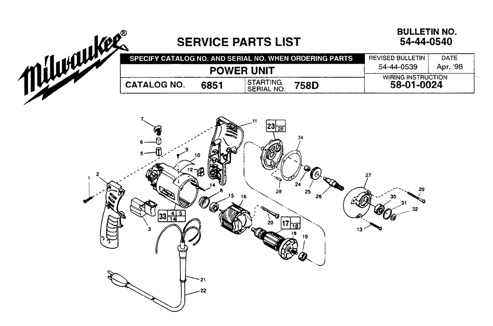 Fig-0 Diagram and Parts List for 6851 758D Milwaukee Electric Drill