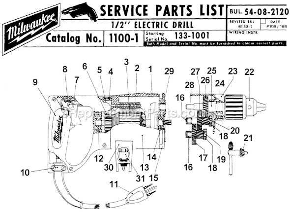 Page A Diagram and Parts List for 1100-1 SER 133-1001 Milwaukee Electric Drill