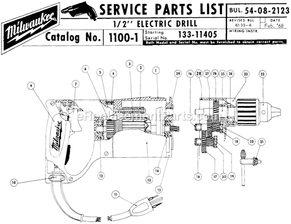 Page A Diagram and Parts List for 1100-1 SER 133-11405 Milwaukee Electric Drill