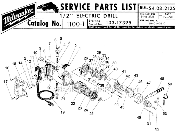 Page A Diagram and Parts List for 1100-1 SER 133-17395 Milwaukee Electric Drill
