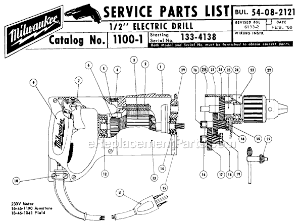 Page A Diagram and Parts List for 1100-1 SER 133-4138 Milwaukee Electric Drill