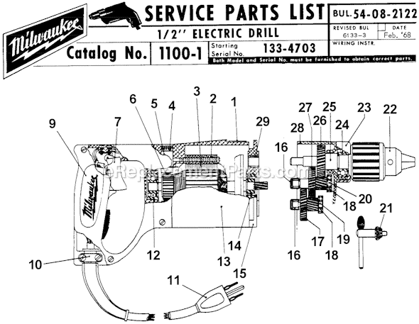 Page A Diagram and Parts List for 1100-1 SER 133-4703 Milwaukee Electric Drill