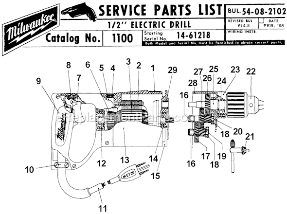 Page A Diagram and Parts List for 1100 SER 14-61218 Milwaukee Electric Drill