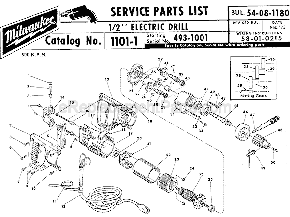 Page A Diagram and Parts List for 1101-1 SER 493-1001 Milwaukee Electric Drill