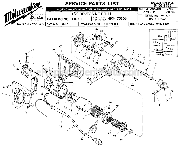 Page A Diagram and Parts List for 1101-1 SER 493-175000 Milwaukee Electric Drill