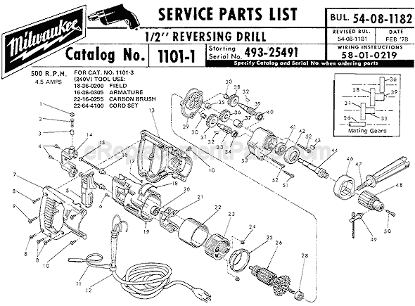 Page A Diagram and Parts List for 1101-1 SER 493-25491 Milwaukee Electric Drill
