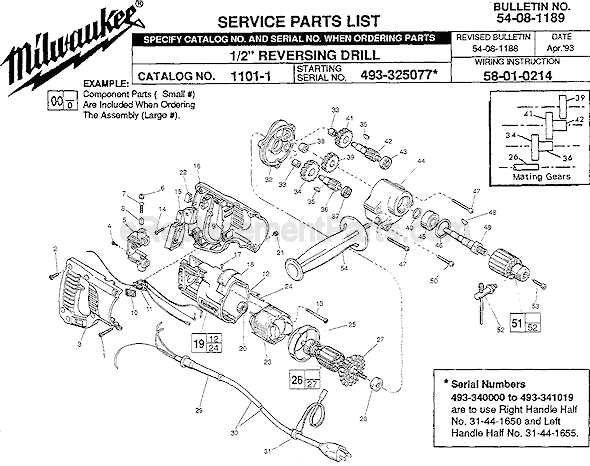 Page A Diagram and Parts List for 1101-1 SER 493-325077 Milwaukee Electric Drill