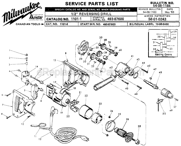 Page A Diagram and Parts List for 1101-1 SER 493-87600 Milwaukee Electric Drill
