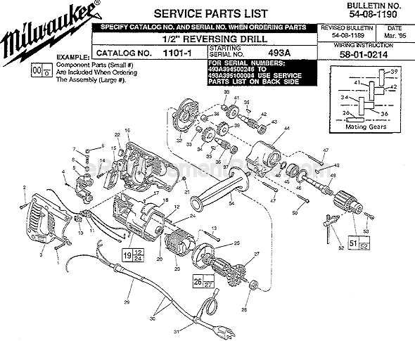 Page A Diagram and Parts List for 1101-1 SER 493A Milwaukee Electric Drill