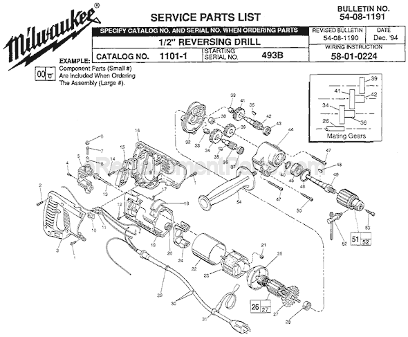 Page A Diagram and Parts List for 1101-1 SER 493B Milwaukee Electric Drill