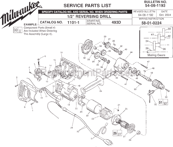 Page A Diagram and Parts List for 1101-1 SER 493D Milwaukee Electric Drill