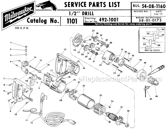 Page A Diagram and Parts List for 1101 SER 492-1001 Milwaukee Electric Drill