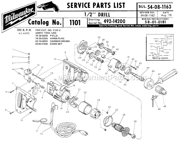 Page A Diagram and Parts List for 1101 SER 492-14200 Milwaukee Electric Drill