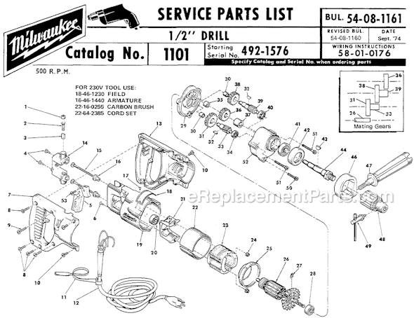 Page A Diagram and Parts List for 1101 SER 492-1576 Milwaukee Electric Drill