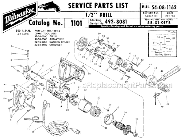 Page A Diagram and Parts List for 1101 SER 492-8081 Milwaukee Electric Drill