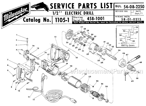 Page A Diagram and Parts List for 1105-1 SER 458-1001 Milwaukee Electric Drill