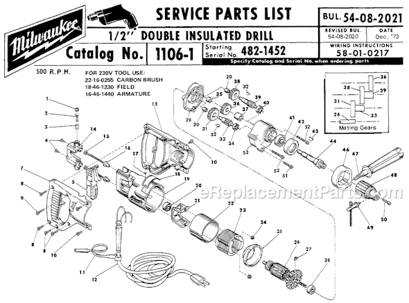 Page A Diagram and Parts List for 1106-1 SER 482-1452 Milwaukee Electric Drill