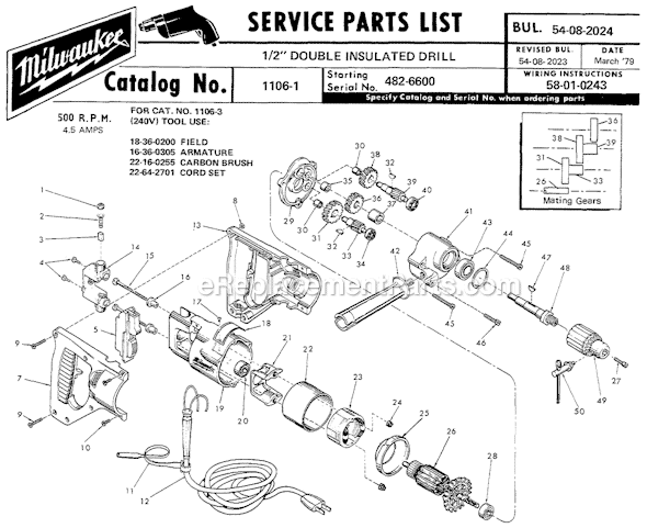 Page A Diagram and Parts List for 1106-1 SER 482-6600 Milwaukee Electric Drill