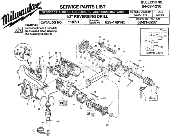 Page A Diagram and Parts List for 1107-1 SER 629-149145 Milwaukee Electric Drill
