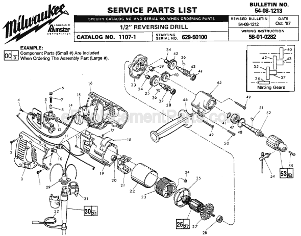 Page A Diagram and Parts List for 1107-1 SER 629-50100 Milwaukee Electric Drill