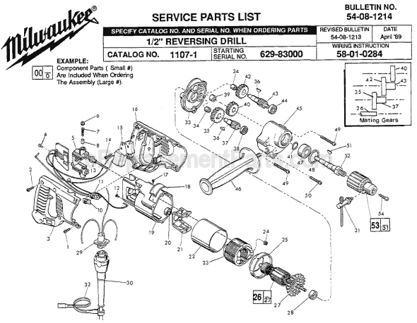 Page A Diagram and Parts List for 1107-1 SER 629-83000 Milwaukee Electric Drill