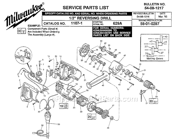 Page A Diagram and Parts List for 1107-1 SER 629A Milwaukee Electric Drill