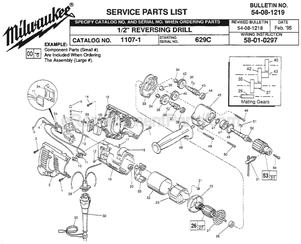 Page A Diagram and Parts List for 1107-1 SER 629C Milwaukee Electric Drill