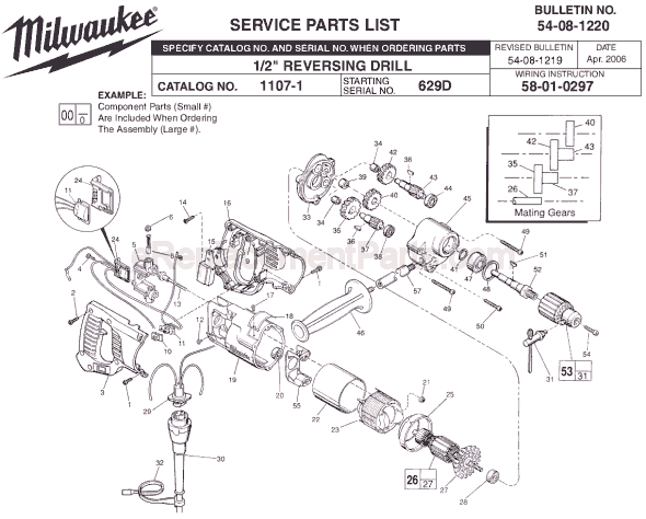 Page A Diagram and Parts List for 1107-1 SER 629D Milwaukee Electric Drill