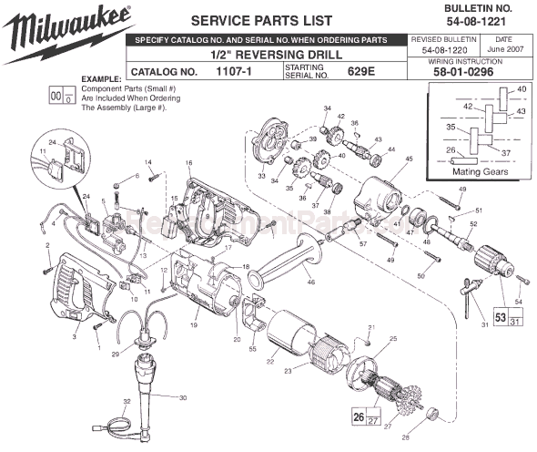 Page A Diagram and Parts List for 1107-1 SER 629E Milwaukee Electric Drill