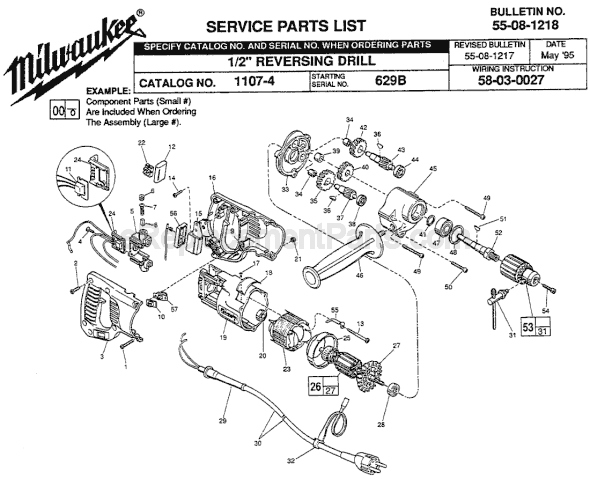 Page A Diagram and Parts List for 1107-4 SER 629B Milwaukee Electric Drill