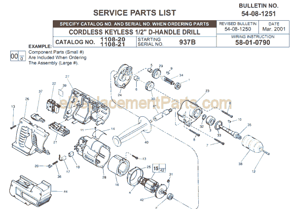 Page A Diagram and Parts List for 1108-20 SER 937B Milwaukee Cordless Drill