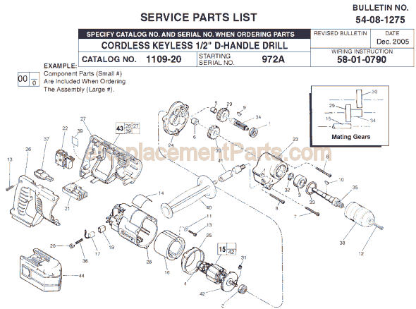 Page A Diagram and Parts List for 1109-20 SER 972A Milwaukee Cordless Drill