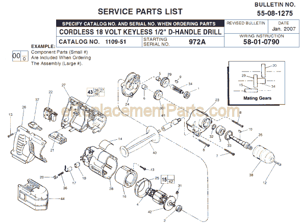 Page A Diagram and Parts List for 1109-51 SER 972A Milwaukee Cordless Drill