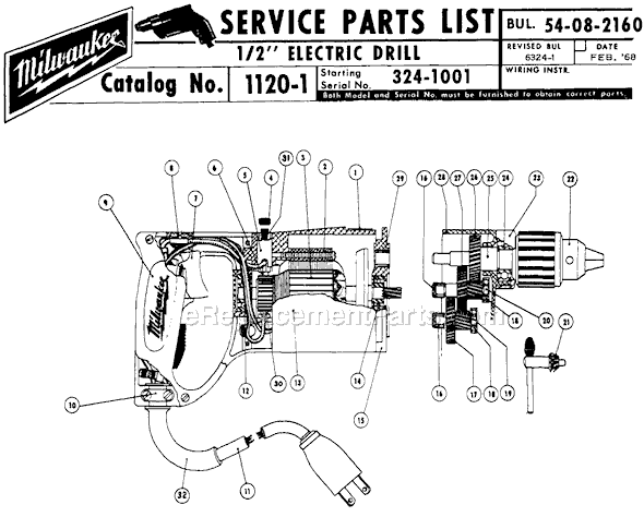 Page A Diagram and Parts List for 1120-1 SER 324-1001 Milwaukee Electric Drill