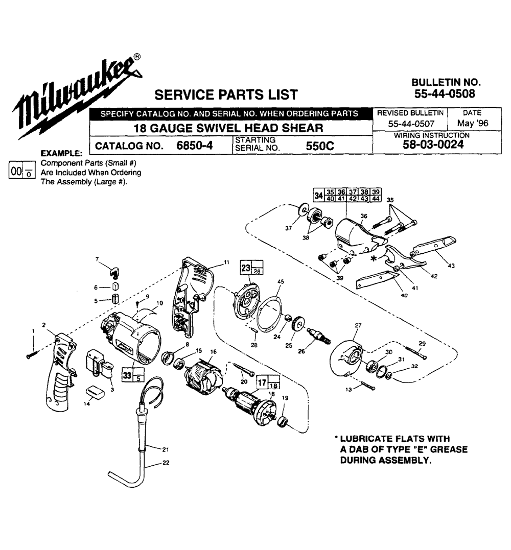 Fig-0 Diagram and Parts List for 6850-4 550C Milwaukee Nibbler & Shears