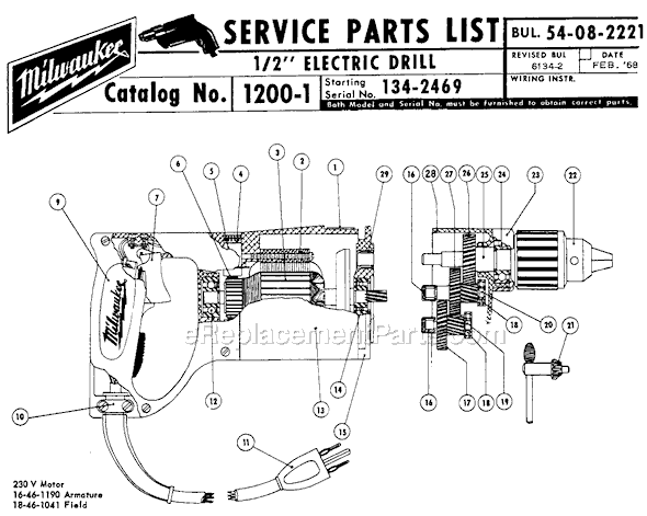 Page A Diagram and Parts List for 1200-1 SER 134-2469 Milwaukee Electric Drill