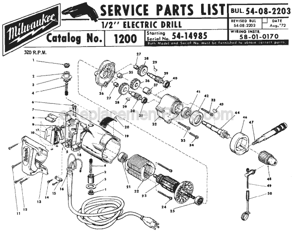 Page A Diagram and Parts List for 1200 SER 54-14985 Milwaukee Electric Drill