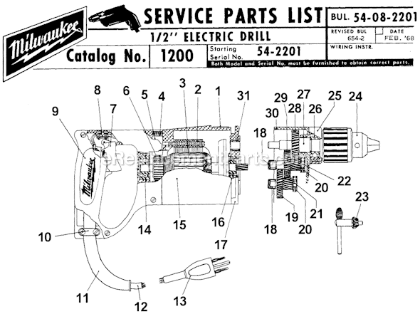 Page A Diagram and Parts List for 1200 SER 54-2201 Milwaukee Electric Drill